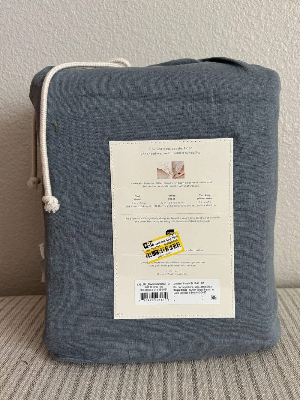 NWT California King 100% Linen Sheet Set Mineral Blue - Casaluna